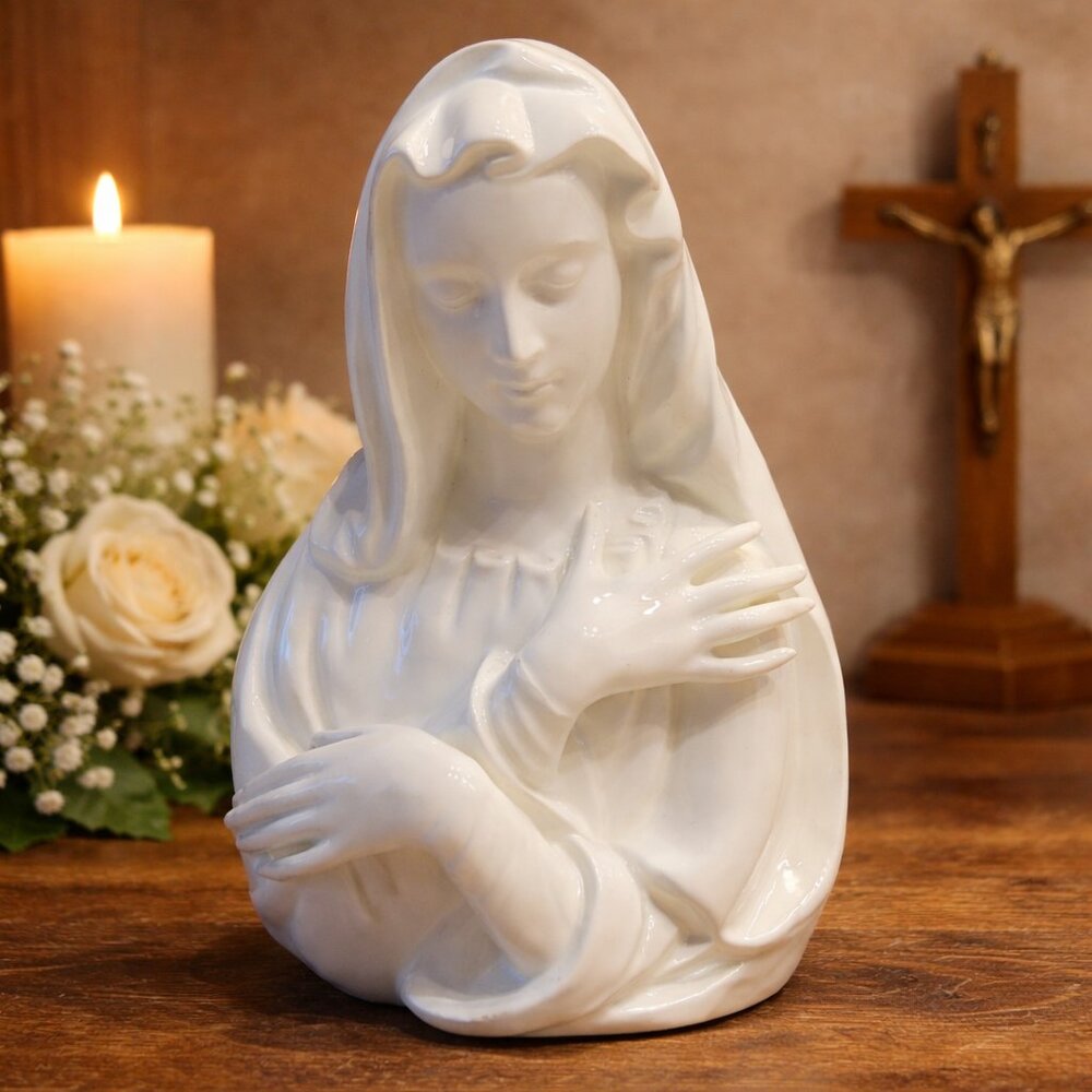 Vintage Napco Madonna Ceramic Vase – White Veiled Woman Mary Figurine –Japan MCM